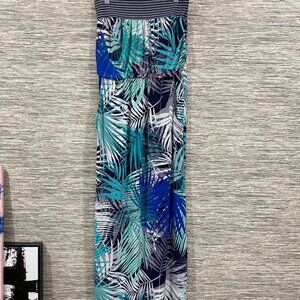 Trixxi Womens Tropical Print Maxi Skirt Dress Small Navy Teal Elastic Waistband